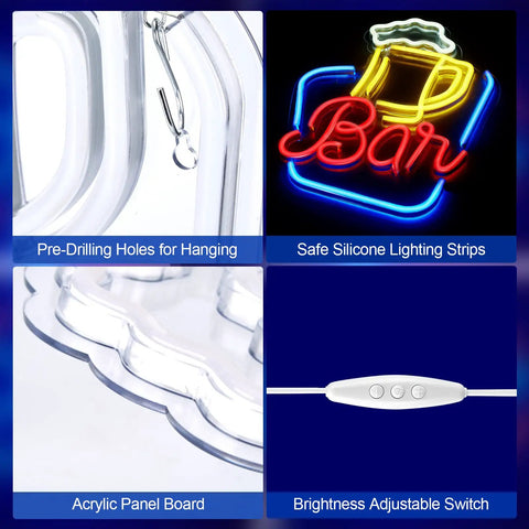 Close-up of Neon Bar Sign For Home Bar With Adjustable Brightness LED Beer Sign, showing hanging holes, silicone strips, acrylic board, and dimmer switch.