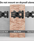 Full Motion Tv Wall Mount For 13 To 32 Inch Led Lcd Displays shown on concrete, brick, and wood walls, illustrating installation options.
