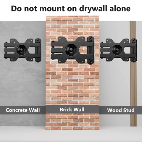 Full Motion Tv Wall Mount For 13 To 32 Inch Led Lcd Displays shown on concrete, brick, and wood walls, illustrating installation options.