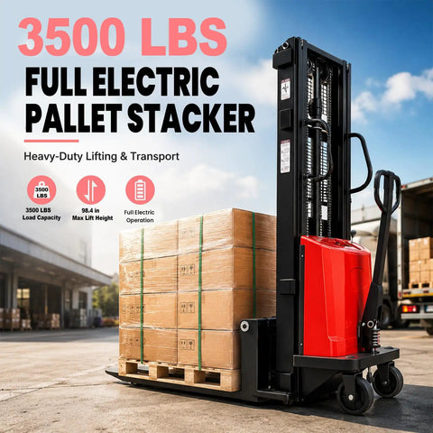 Heavy Duty Semi Electric Pallet Stacker With 3500 Lbs Lift Capacity And Walkie Forklift Design for warehouse transport.