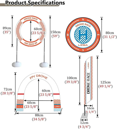 Specifications of Beast Racing Drone Obstacle Kit with 60cm rings and arches in detailed measurements for home practice.