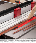 Auxiliary Rip Fence 48 Inch Table Saw Extension For Infeed Or Outfeed Material Support With Built In T Track Slots And Sliding Clamping Blocks Pro Grade USA Made ARF 48 installed on table saw with wood piece
