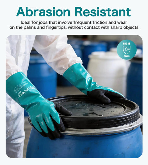 Grind Ready Reusable Nitrile Chemical Work Gloves With Soft Nylon Lining And Black Sandy Non Slip Grip For Serious Acid Alkali Oil Protection On Auto Shop Jobsites X Large on hands, handling barrel.