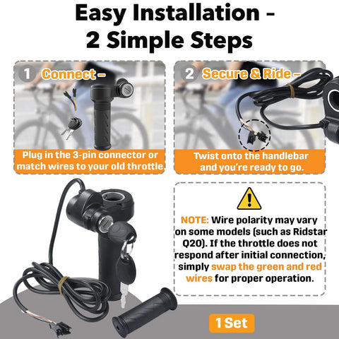 Full Twist Ebike Throttle Grip With Two Keys Waterproof 3 Pin Electric Bike Throttle Handlebar Controller diagram
