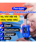 Heavy Duty Digital Leeb Hardness Tester Pen Style measuring metal hardness on steel with digital display and impact probe.