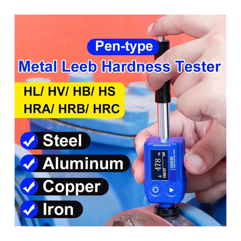 Heavy Duty Digital Leeb Hardness Tester Pen Style measuring metal hardness on steel with digital display and impact probe.