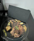 Heavy Duty Cast Iron Grill Press With Cool Touch Wood Handle For Griddles Paninis And Tortillas Built To Last Food Grade No PFOA No Nonsense Steak Weight For Outdoor Grills BBQ Accessories And Even Cooking pressing steak in skillet