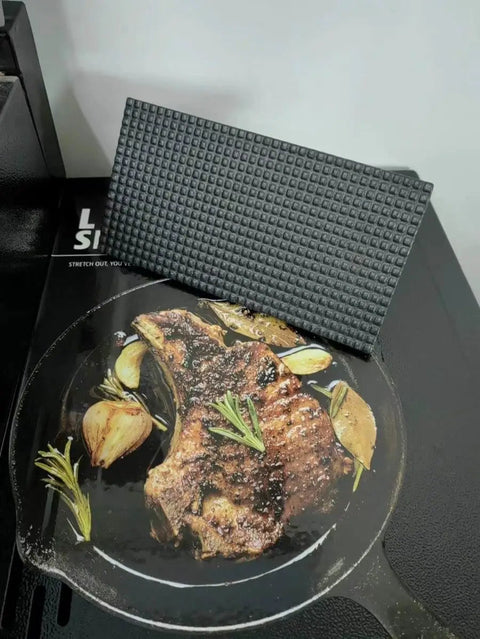 Heavy Duty Cast Iron Grill Press With Cool Touch Wood Handle For Griddles Paninis And Tortillas Built To Last Food Grade No PFOA No Nonsense Steak Weight For Outdoor Grills BBQ Accessories And Even Cooking pressing steak in skillet