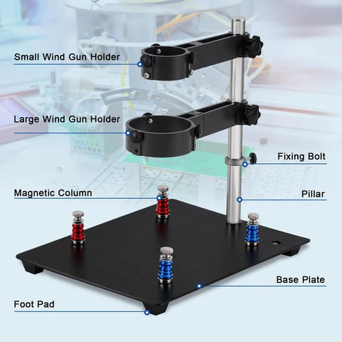 Hot Air Gun Holder With Four Flexible Magnetic Columns And Dual Adjustable Clamps for PCB rework on black base plate