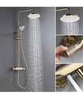 UMJIGF 10 Inch Shower System Brushed Gold Shower Faucet Set Wall Mounted Brass Shower Combo Set Dual Handle Mixer Shower with Shower Head, close-up of water flow and handheld shower.