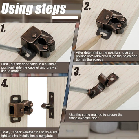 Heavy Duty 20 Piece Cabinet Door Latch And Catch Kit In Rich Brown Antique Copper Finish installation steps on wood panel.