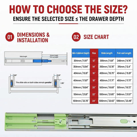 How to choose size for 10 Pair Drawer Slides 22 Inch Side Mount Built Tough Ball Bearing Cabinet Drawer Glides Full Extension