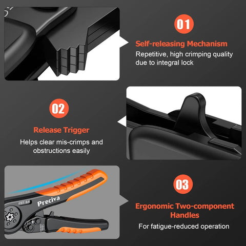 Ferrule Crimping Tool Kit With Hexagonal Ratchet Pliers For AWG 28-7 Orange Handheld Crimping Set with self-release and trigger features