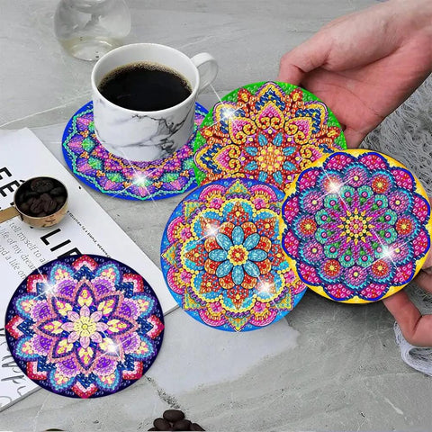 Mandala Diamond Painting Coaster Kit With Holder For Dope DIY Beginners And Adults Art Coasters Cork Wood Pad Board Double Layer Strong And Wear Resistant Gift 4X4In displayed with colorful designs and coffee cup.