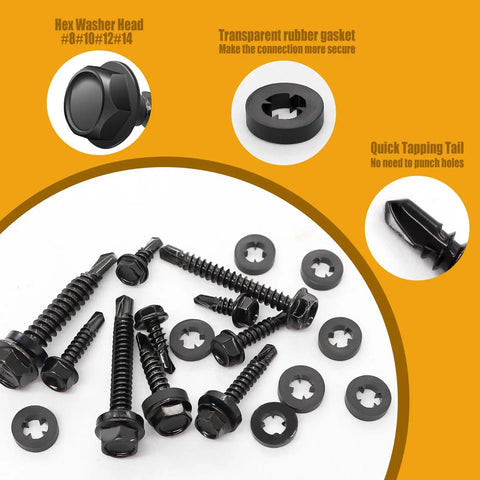 840 Piece Self Tapping Screws For Metal Set In Sizes 14 12 10 And 8 with black hex washer heads and rubber washers, close-up view.