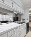 White Marble Countertop Paint Kit for Kitchen and Bathroom installed on kitchen counter with glossy finish