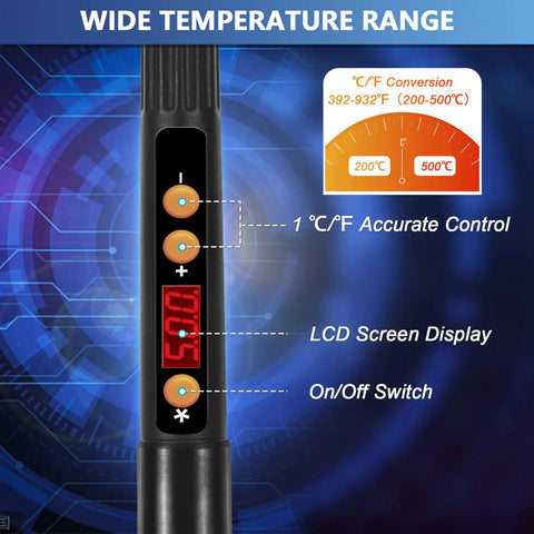 LCD screen of All In One 120W Soldering Gun Kit With 9 In 1 Functions showing temperature settings, buttons, and on/off switch.