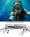 Diver underwater with the 8 In 1 Scuba Diver Tool Kit for Regulators and Valve Repairs, Stainless Steel Multi Tool Set shown below.