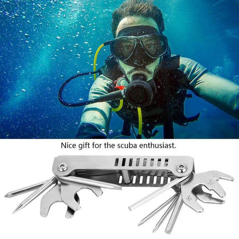 Diver underwater with the 8 In 1 Scuba Diver Tool Kit for Regulators and Valve Repairs, Stainless Steel Multi Tool Set shown below.