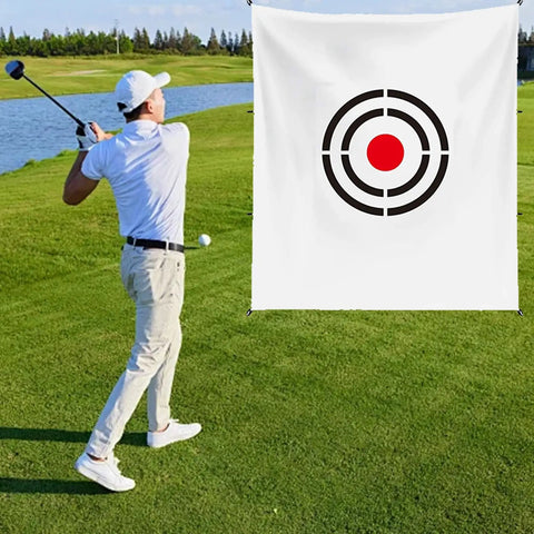 Golfer practicing with Portable Golf Target Cloth For Backyard Driving Range 5 By 6 Foot Hitting Training Aid featuring bullseye