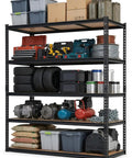 Beefy 5-Tier Steel Shelving Unit With 60 Inch Wide 24 Inch Deep 72 Inch High Carbon Steel Frame Holds Up To 2,500 Lbs Total Capacity With 500 Lbs Per Shelf For Heavy Tools Boxes And Large Equipment loaded with bins, tires, paint cans, and tools