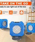 Beefed Up Industrial Air Scrubber With 3 Stage Filtration And HEPA Filter, shown with a foldable handle and power cord, on-site use.
