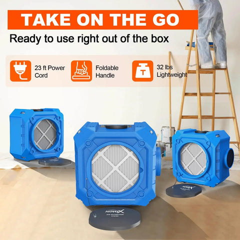 Beefed Up Industrial Air Scrubber With 3 Stage Filtration And HEPA Filter, shown with a foldable handle and power cord, on-site use.