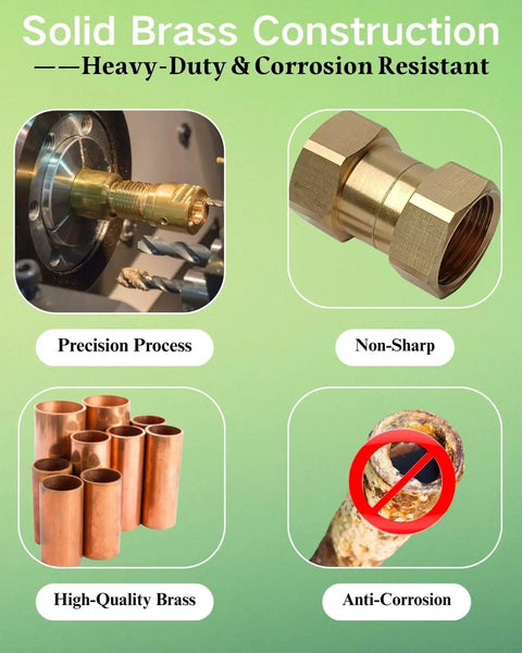 Heavy Duty Brass Garden Hose Female To Female Adapter For Leak Proof Connections, brass 3/4 GHT connector shown in process and finished form