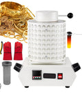 Electric Gold Melting Furnace Pro Grade 1 To 3 Kg Capacity With PID Digital Controller, shown with accessories and gold jewelry.