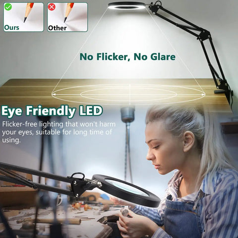 Magnifying Glass With Light And Stand For Close Work Two In One Desk Lamp Eight X Magnification LED Light Over Woman at Desk