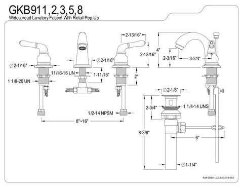 Technical diagram of Magellan Mini Widespread Lavatory Faucet with Pop Up Drain showing dimensions and components.