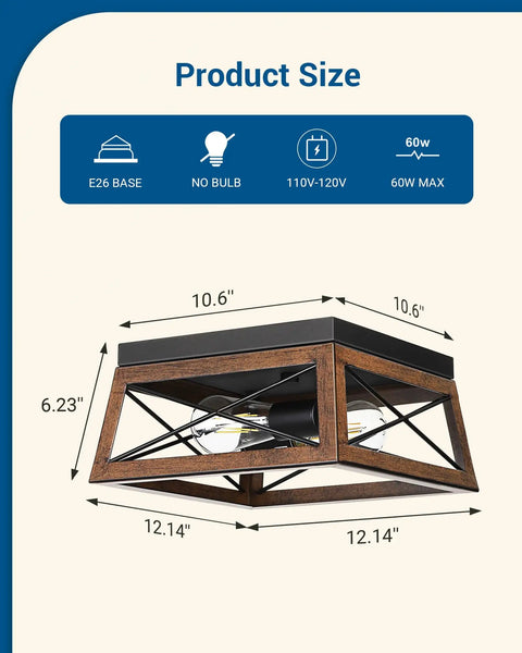 Industrial Flush Mount Ceiling Light With Two Metal Fixtures, Vintage Farmhouse Style, dimensions, wood grain X frame.