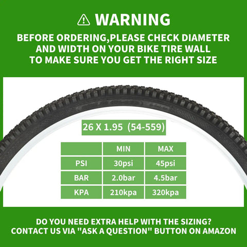 Warning sign for 2 Pack 26 Inch Foldable Bike Tire Set Complete 8 Piece Kit With Inner Tubes Rim Strips And Tire Levers