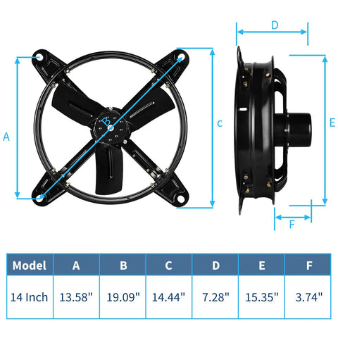 Dimensions and side view of 14 Inch Attic Gable Mount Fan with Adjustable Thermostat, Beefy 1239 CFM Airflow, Black Finish, 2 Pack