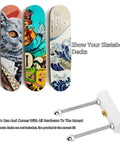 Skateboard Deck Display Wall Mount For Hanging And Showing Off Your Board Fits Most Decks With 1.625 Inch Truck Holes Easy Install Wall Art And Decor For Skaters 1 Pack with three decorative skateboard decks displayed