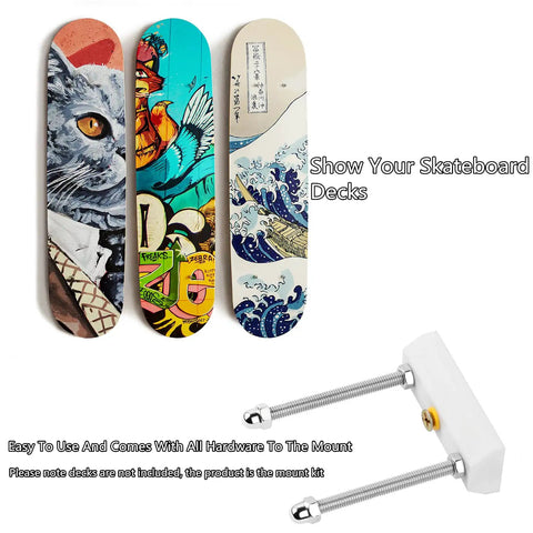 Skateboard Deck Display Wall Mount For Hanging And Showing Off Your Board Fits Most Decks With 1.625 Inch Truck Holes Easy Install Wall Art And Decor For Skaters 1 Pack with three decorative skateboard decks displayed