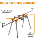 Universal Portable Miter Saw Stand 2nd Generation Pro Grade With Quick Release Tool Mount Folding Design And 114 Inches Of Material Support displayed with sturdy legs and adjustable arms, 33-inch height for job site use.