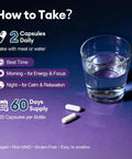 Instructions for taking All-In-One Magnesium Complex capsules with water, showing two pills next to a glass on purple background.