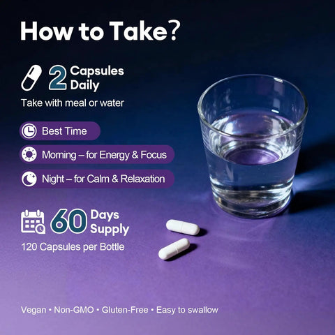 Image showing daily dosage instructions for 2-Pack Magnesium Complex For Women And Men, tablets next to a glass of water.