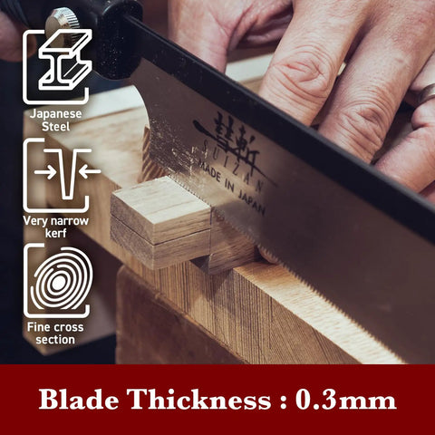 Close-up of Dozuki Dovetail Saw 7 Inch Pull Saw For Fine Joinery Japanese Style Handsaw cutting wood with precision dovetails