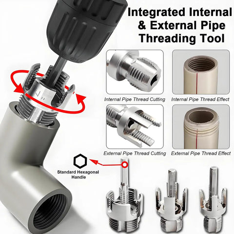 All In One Pipe Threader Kit For One Half, Three Quarter And One Inch PVC Pipes With Internal And External Dies shown in use