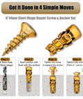 4-step guide for Hinge Repair Kit With 6x14mm Screws And Expansion Anchors For Stripped Screw Holes, steps from drilling to tightening.