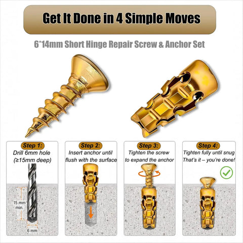 4-step guide for Hinge Repair Kit With 6x14mm Screws And Expansion Anchors For Stripped Screw Holes, steps from drilling to tightening.