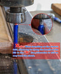 Close-up of Top Shelf 7 Piece Straight Cut Router Bit Set 1/4 Inch Shank, showing installation note on a drill.