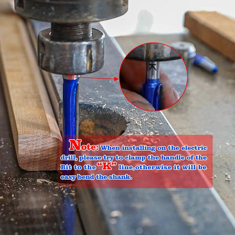 Close-up of Top Shelf 7 Piece Straight Cut Router Bit Set 1/4 Inch Shank, showing installation note on a drill.