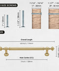 10 Pack Brushed Gold Cabinet Pulls With 5 Inch Center To Center 128mm Hole Spacing shown with screw sizes and dimensions