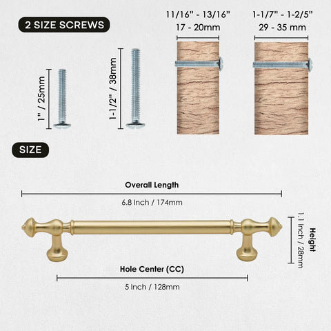 10 Pack Brushed Gold Cabinet Pulls With 5 Inch Center To Center 128mm Hole Spacing shown with screw sizes and dimensions