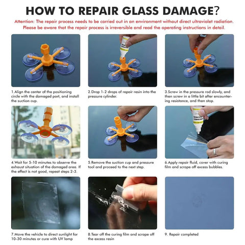 Windshield Crack Repair Kit With 20ml Resin And Pressure Syringes For Chips And Cracks Star Shaped Cracks Easy DIY Auto Glass Repair Fast Fix Durable Clear Results step-by-step instruction guide.