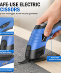 2026 Upgrade Cordless Electric Cutting Tool with Sharp Stainless Steel Blades for Effortless Threading Through Fabric Leather Cardboard Carpet And Thin Metal Sheets Powerful Motor For Smooth Precise Cuts, showcasing safety features and controls.