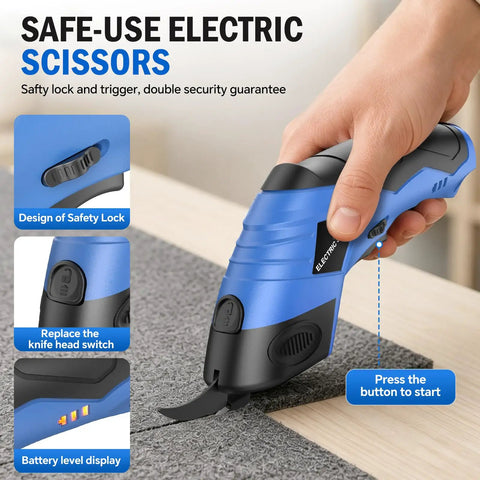 2026 Upgrade Cordless Electric Cutting Tool with Sharp Stainless Steel Blades for Effortless Threading Through Fabric Leather Cardboard Carpet And Thin Metal Sheets Powerful Motor For Smooth Precise Cuts, showcasing safety features and controls.